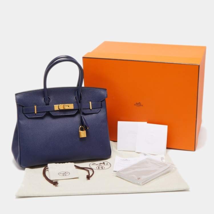 Pre Owned Hermes Blue Saphir Epsom Leather Gold Finish Birkin 30 Bag