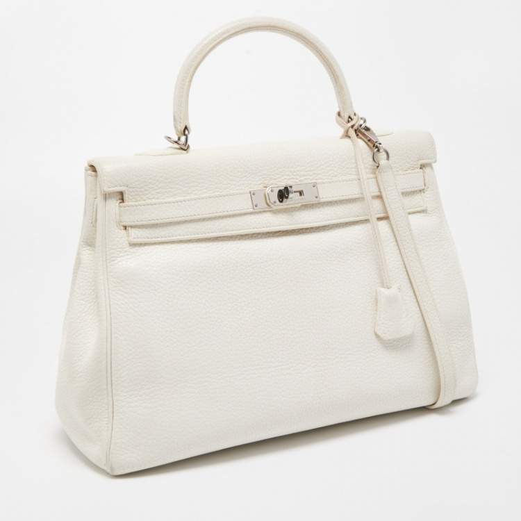 Pre Owned Hermès Blanc  Taurillon Clemence Leather Palladium Finish Kelly Retourne 35 Bag
