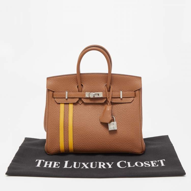 Pre Owned Hermes Gold/Jaune Ambre Togo and Swift Leather Palladium Finish Officer Birkin 25 Bag
