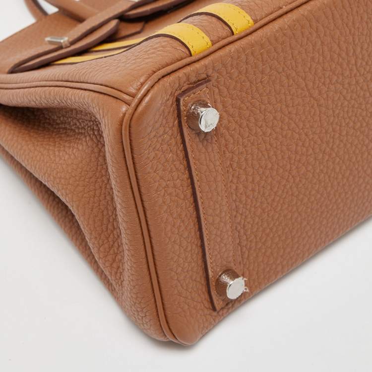 Pre Owned Hermes Gold/Jaune Ambre Togo and Swift Leather Palladium Finish Officer Birkin 25 Bag