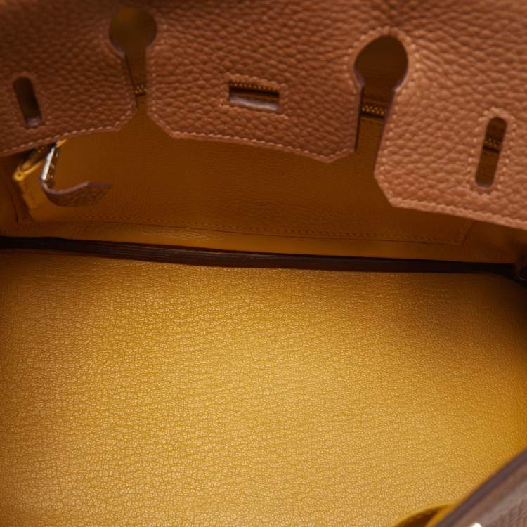 Pre Owned Hermes Gold/Jaune Ambre Togo and Swift Leather Palladium Finish Officer Birkin 25 Bag