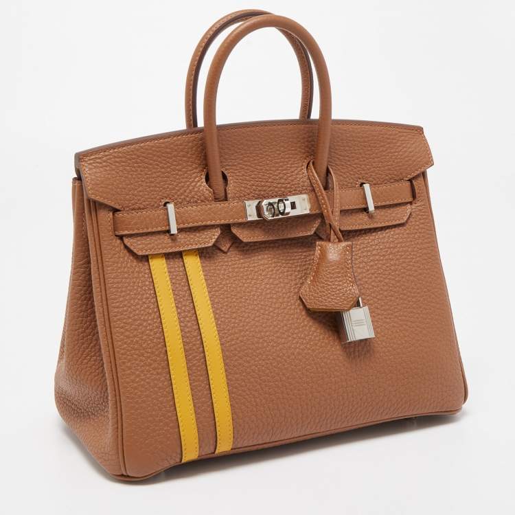 Pre Owned Hermes Gold/Jaune Ambre Togo and Swift Leather Palladium Finish Officer Birkin 25 Bag