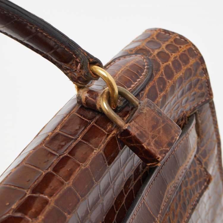 Pre Owned Hermes Miel Porosus Crocodile Gold Finish Kelly Sellier 32 Bag