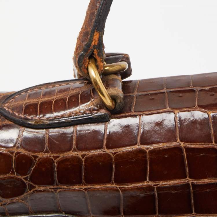 Pre Owned Hermes Miel Porosus Crocodile Gold Finish Kelly Sellier 32 Bag