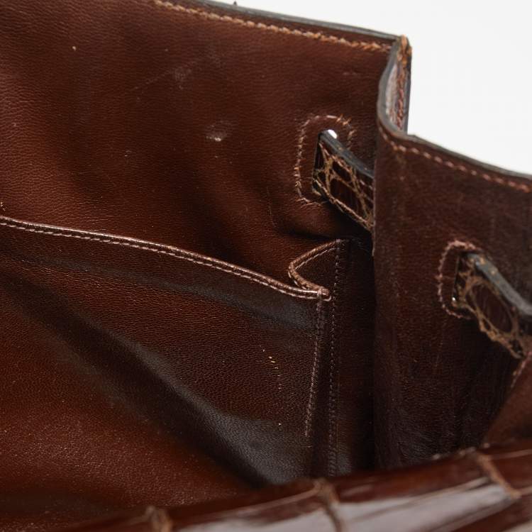 Pre Owned Hermes Miel Porosus Crocodile Gold Finish Kelly Sellier 32 Bag