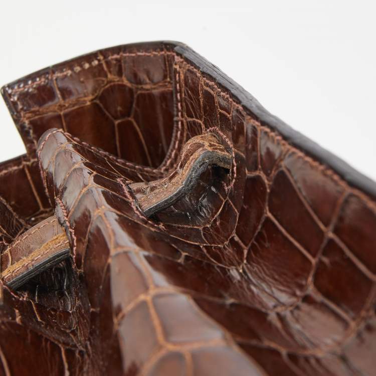 Pre Owned Hermes Miel Porosus Crocodile Gold Finish Kelly Sellier 32 Bag