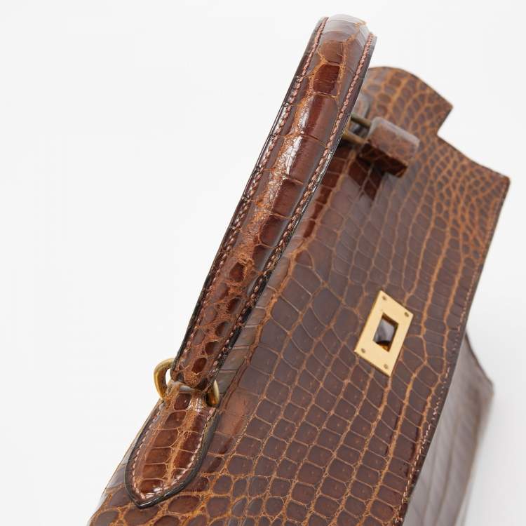 Pre Owned Hermes Miel Porosus Crocodile Gold Finish Kelly Sellier 32 Bag