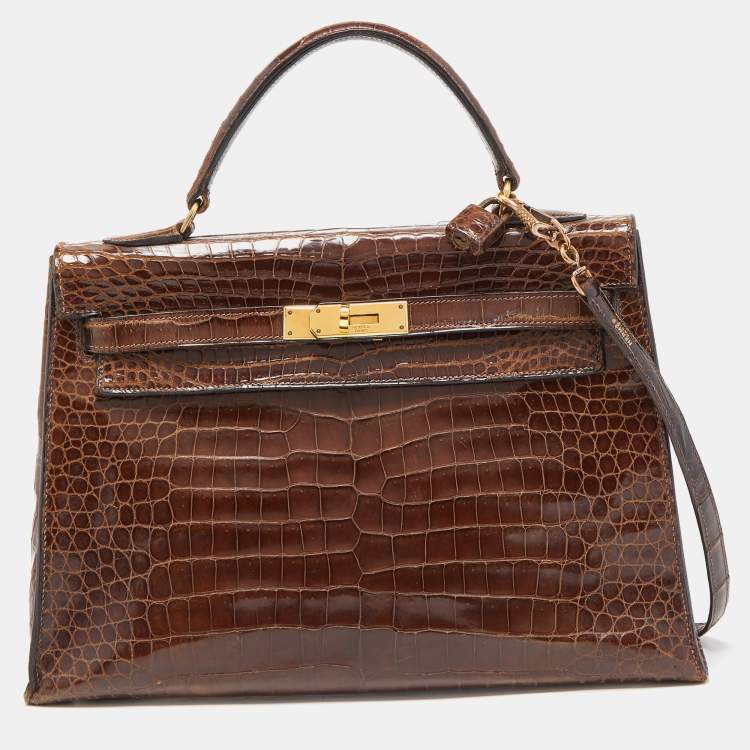 Pre Owned Hermes Miel Porosus Crocodile Gold Finish Kelly Sellier 32 Bag