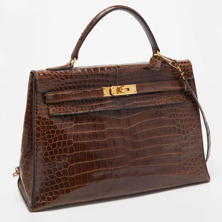 Pre Owned Hermes Miel Porosus Crocodile Gold Finish Kelly Sellier 32 Bag