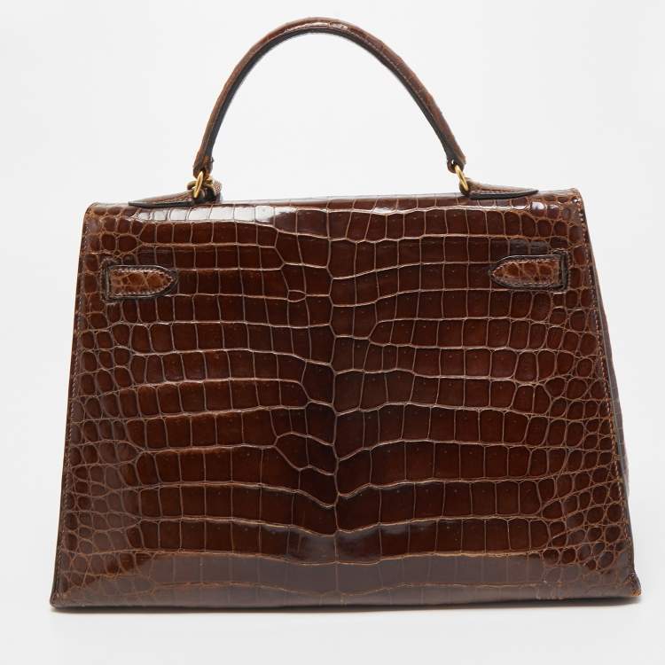 Pre Owned Hermes Miel Porosus Crocodile Gold Finish Kelly Sellier 32 Bag