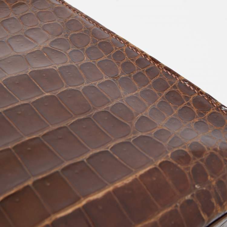 Pre Owned Hermes Miel Porosus Crocodile Gold Finish Kelly Sellier 32 Bag