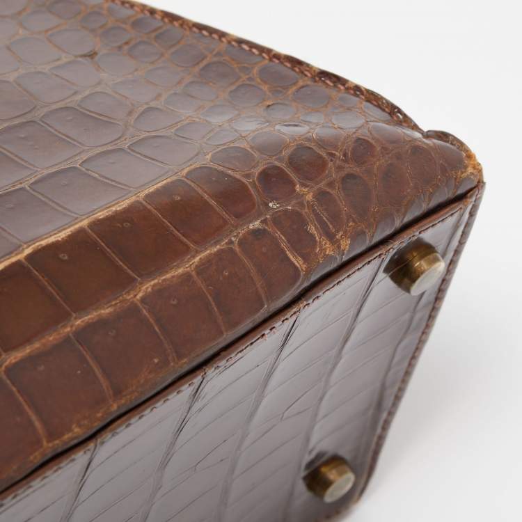 Pre Owned Hermes Miel Porosus Crocodile Gold Finish Kelly Sellier 32 Bag