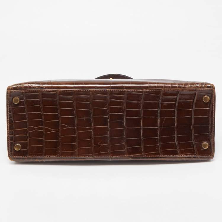 Pre Owned Hermes Miel Porosus Crocodile Gold Finish Kelly Sellier 32 Bag