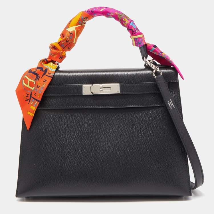 New Hermès Kelly 28 sellier handbag strap in black Epsom leather