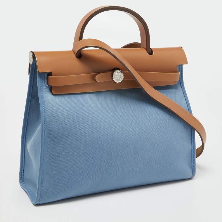 Pre Owned Hermes Bleu Brighton/Vache Naturel Leather and Canvas Herbag Zip 31 Bag