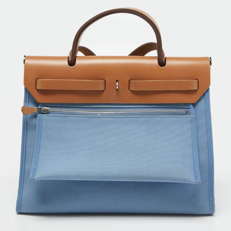 Pre Owned Hermes Bleu Brighton/Vache Naturel Leather and Canvas Herbag Zip 31 Bag