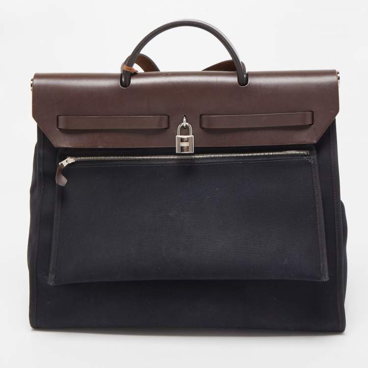 Pre Owned Hermes Ebene/Black Canvas and Leather Herbag Zip 39 Bag