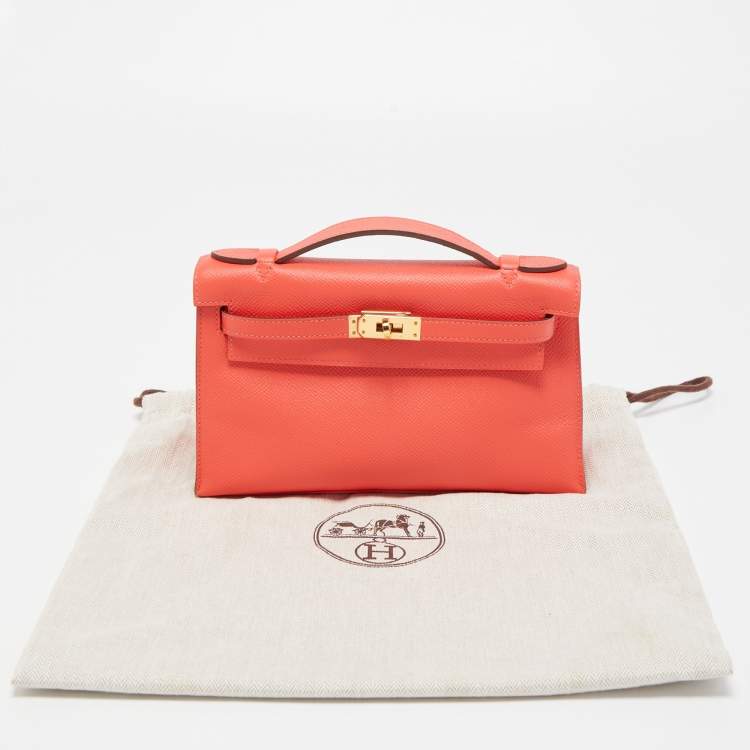 Pre Owned Hermes Rouge Pivoine Epsom Leather Gold Finish Kelly Pochette