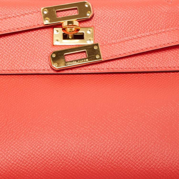 Pre Owned Hermes Rouge Pivoine Epsom Leather Gold Finish Kelly Pochette