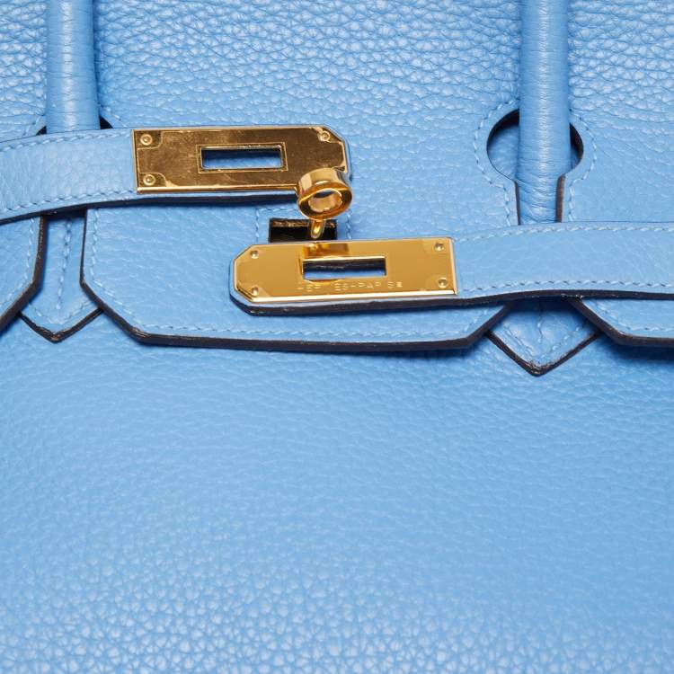 Pre Owned Hermès Bleu Paradis Clemence Leather Gold Finish Birkin 35 Bag