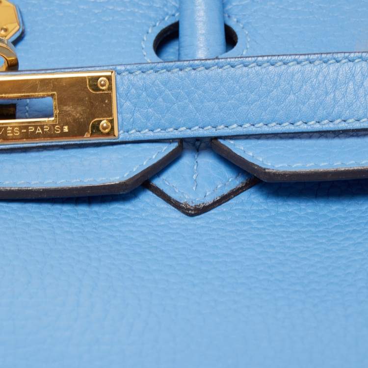 Pre Owned Hermès Bleu Paradis Clemence Leather Gold Finish Birkin 35 Bag