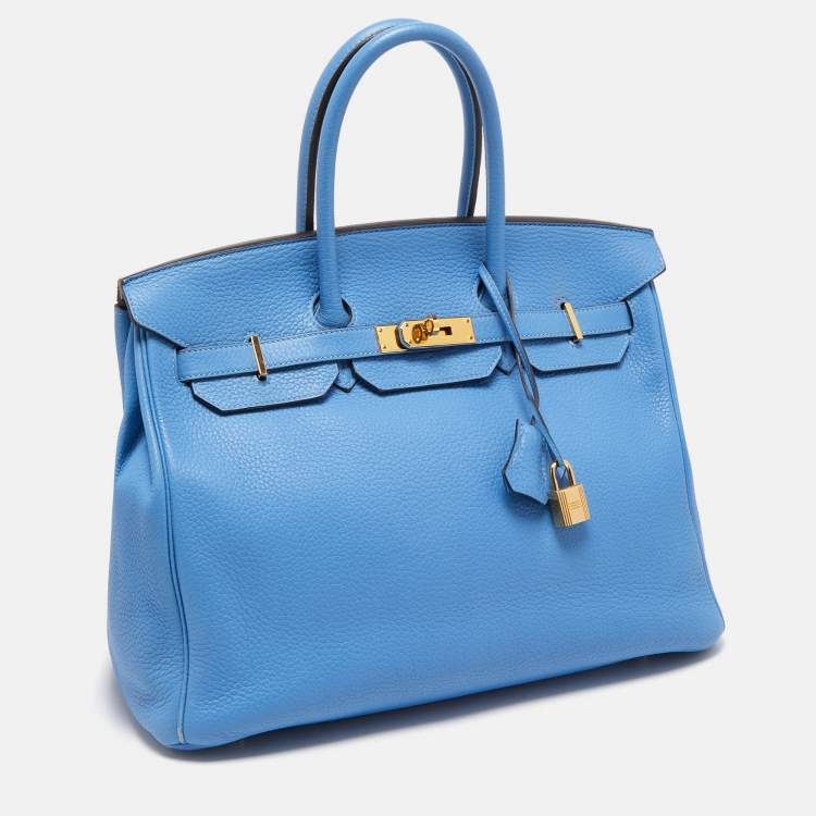 Pre Owned Hermès Bleu Paradis Clemence Leather Gold Finish Birkin 35 Bag