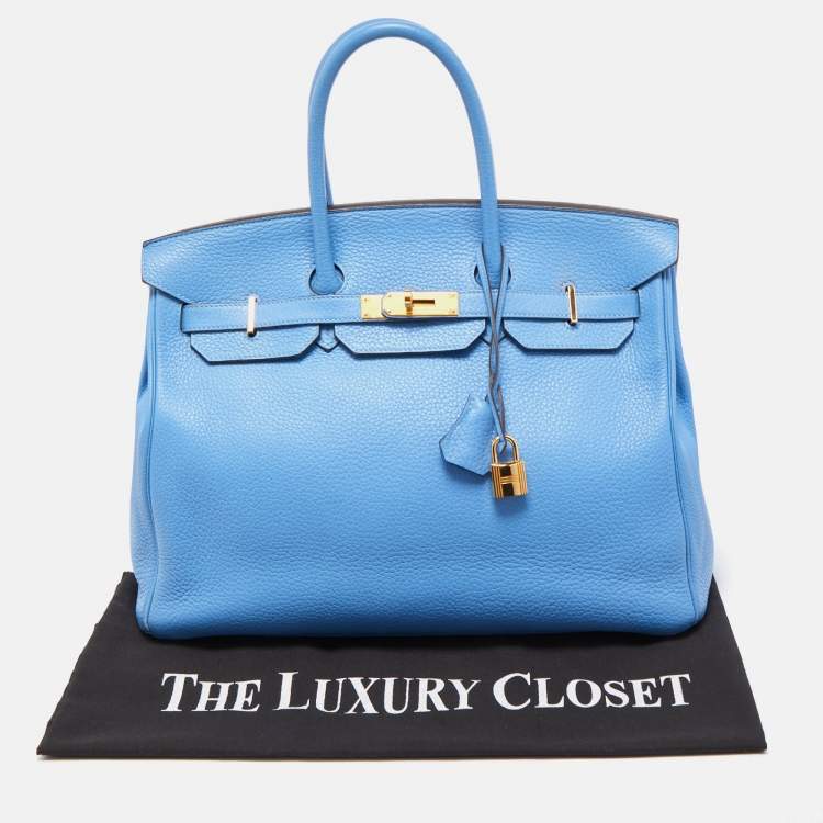 Pre Owned Hermès Bleu Paradis Clemence Leather Gold Finish Birkin 35 Bag