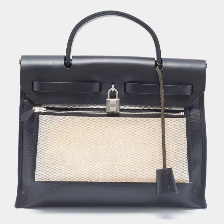 Pre Owned Hermes Black/Ecru Toile H Berlin and Leather Herbag Zip 31 Bag