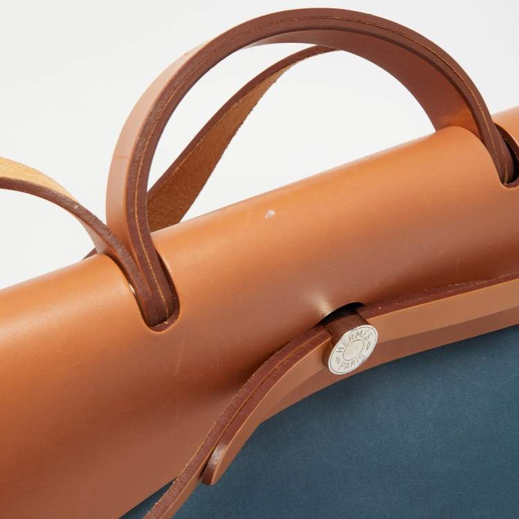 Pre Owned Hermes Natural/Bleu De Malte Leather and Canvas Herbag Zip 39 Bag