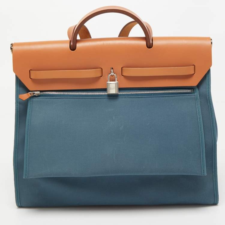 Pre Owned Hermes Natural/Bleu De Malte Leather and Canvas Herbag Zip 39 Bag