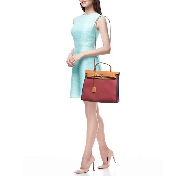 Pre Owned Hermes Ruby/Bleu de Malte/Naturel Leather and Canvas Herbag Zip 31 Bag