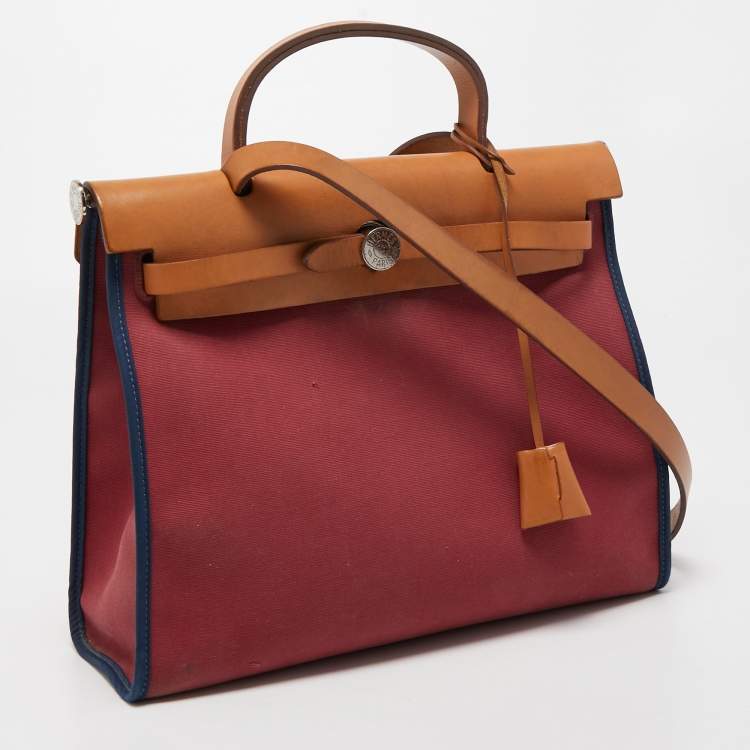 Pre Owned Hermes Ruby/Bleu de Malte/Naturel Leather and Canvas Herbag Zip 31 Bag