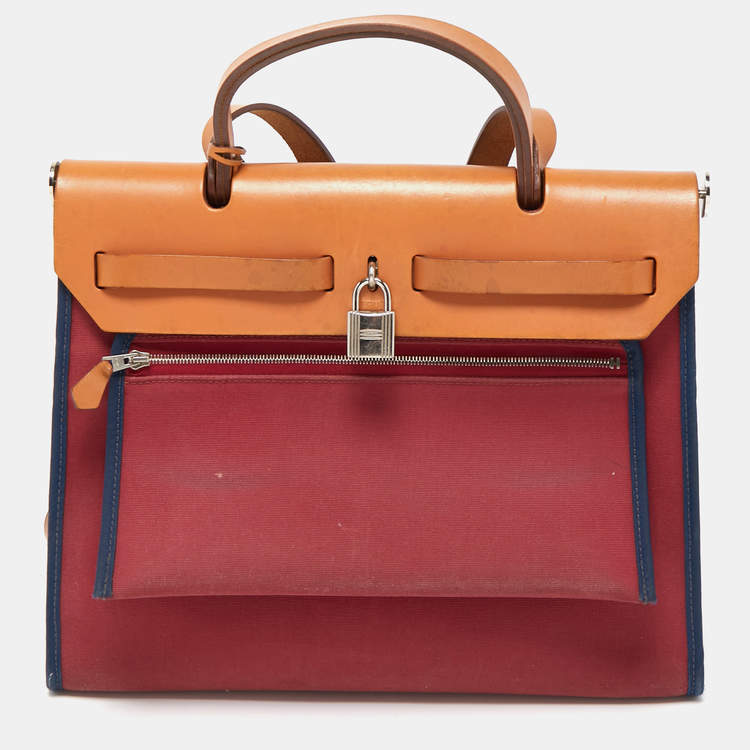 Pre Owned Hermes Ruby/Bleu de Malte/Naturel Leather and Canvas Herbag Zip 31 Bag