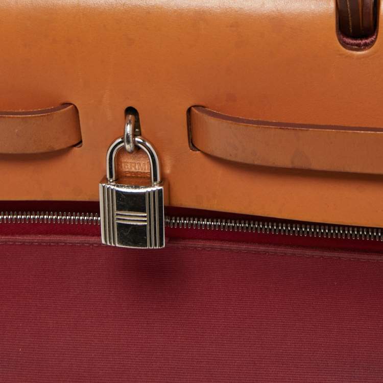 Pre Owned Hermes Ruby/Bleu de Malte/Naturel Leather and Canvas Herbag Zip 31 Bag