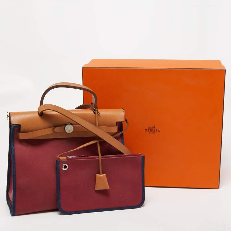 Pre Owned Hermes Ruby/Bleu de Malte/Naturel Leather and Canvas Herbag Zip 31 Bag