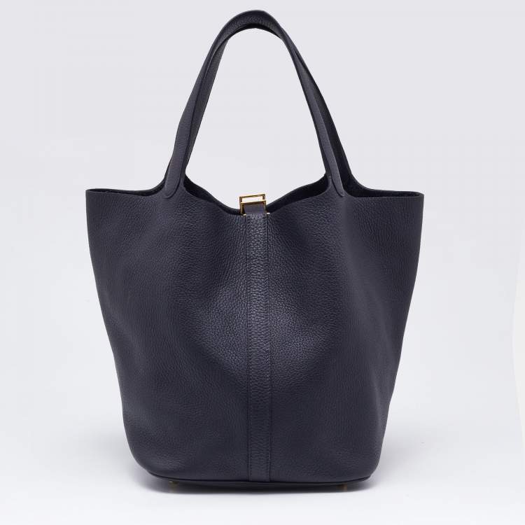 Pre Owned Hermes Bleu Ocean Taurillon Clemence Leather Picotin Lock 22 Bag