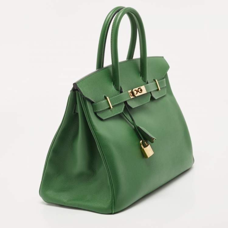 Pre Owned Hermes Vert Bengal Epsom Leather Gold Finish Birkin 35 Bag