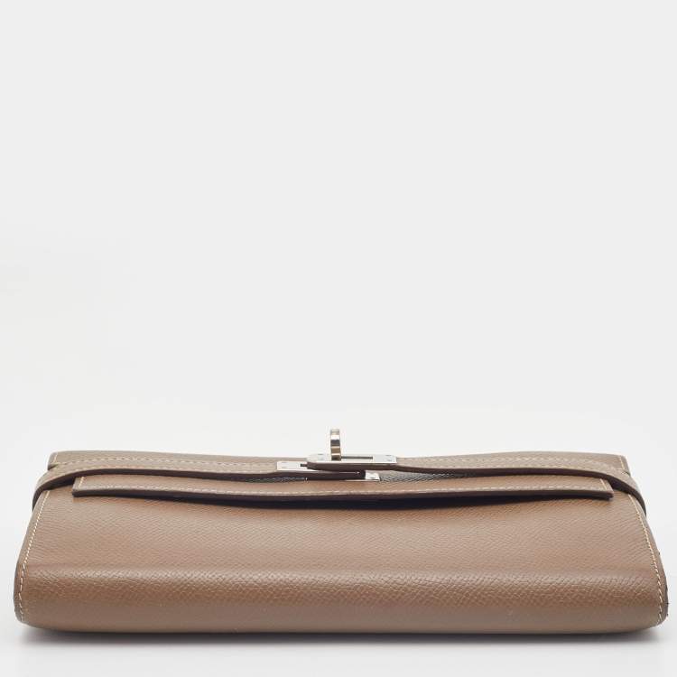Pre Owned Hermes Etoupe Epsom/Cherve Leather Palladium Finish Kelly Wallet w/ Vision II Agenda Cover