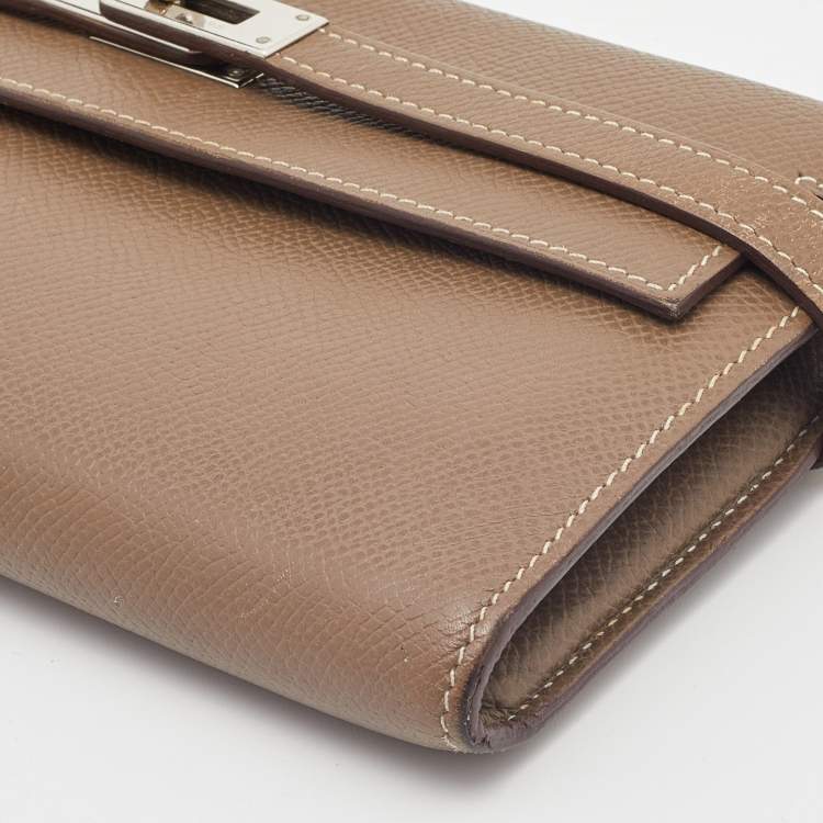 Pre Owned Hermes Etoupe Epsom/Cherve Leather Palladium Finish Kelly Wallet w/ Vision II Agenda Cover