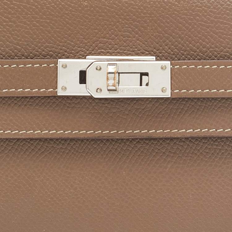 Pre Owned Hermes Etoupe Epsom/Cherve Leather Palladium Finish Kelly Wallet w/ Vision II Agenda Cover