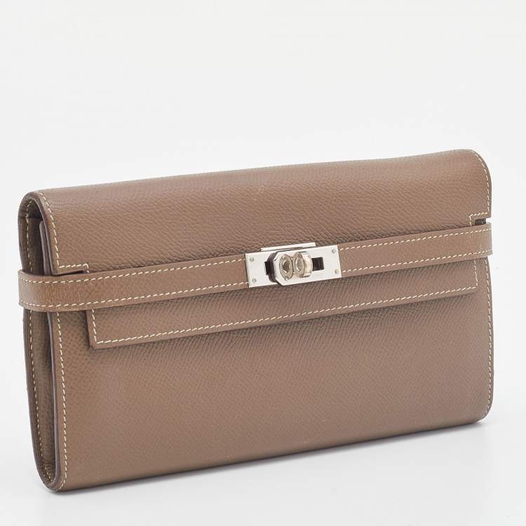 Pre Owned Hermes Etoupe Epsom/Cherve Leather Palladium Finish Kelly Wallet w/ Vision II Agenda Cover