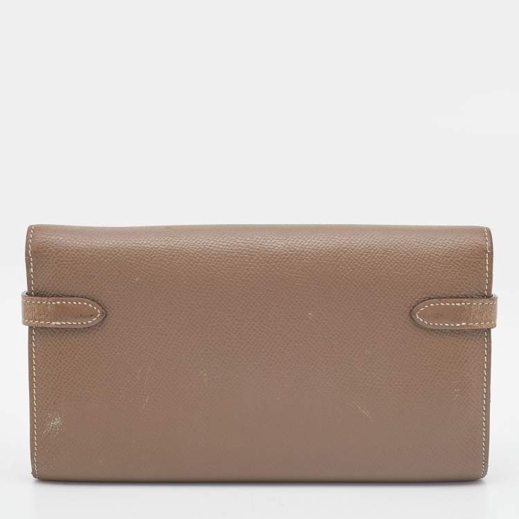 Pre Owned Hermes Etoupe Epsom/Cherve Leather Palladium Finish Kelly Wallet w/ Vision II Agenda Cover