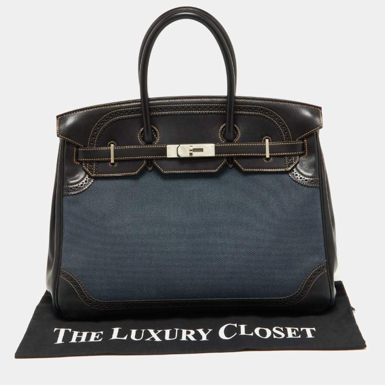 مملوكة مسبقًا Hermes Black Denim Fonce Toile/Evercalf Leather Palladium Finish Birkin 35 Ghillies Bag