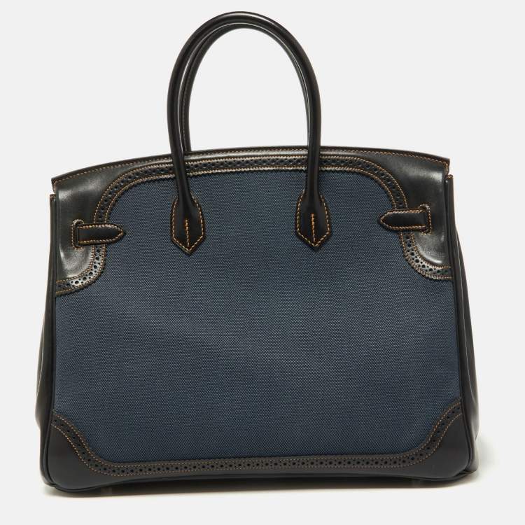 مملوكة مسبقًا Hermes Black Denim Fonce Toile/Evercalf Leather Palladium Finish Birkin 35 Ghillies Bag