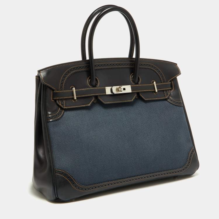مملوكة مسبقًا Hermes Black Denim Fonce Toile/Evercalf Leather Palladium Finish Birkin 35 Ghillies Bag