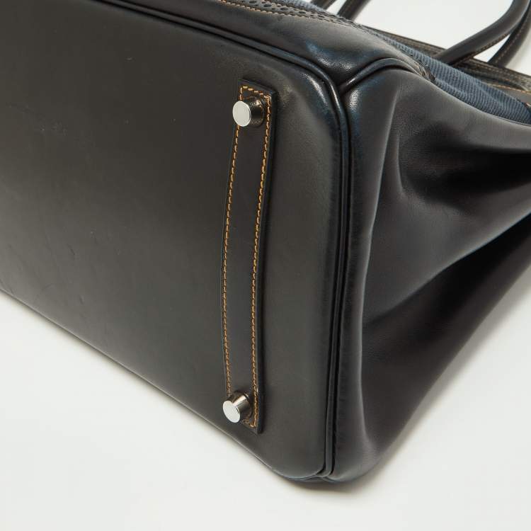 مملوكة مسبقًا Hermes Black Denim Fonce Toile/Evercalf Leather Palladium Finish Birkin 35 Ghillies Bag