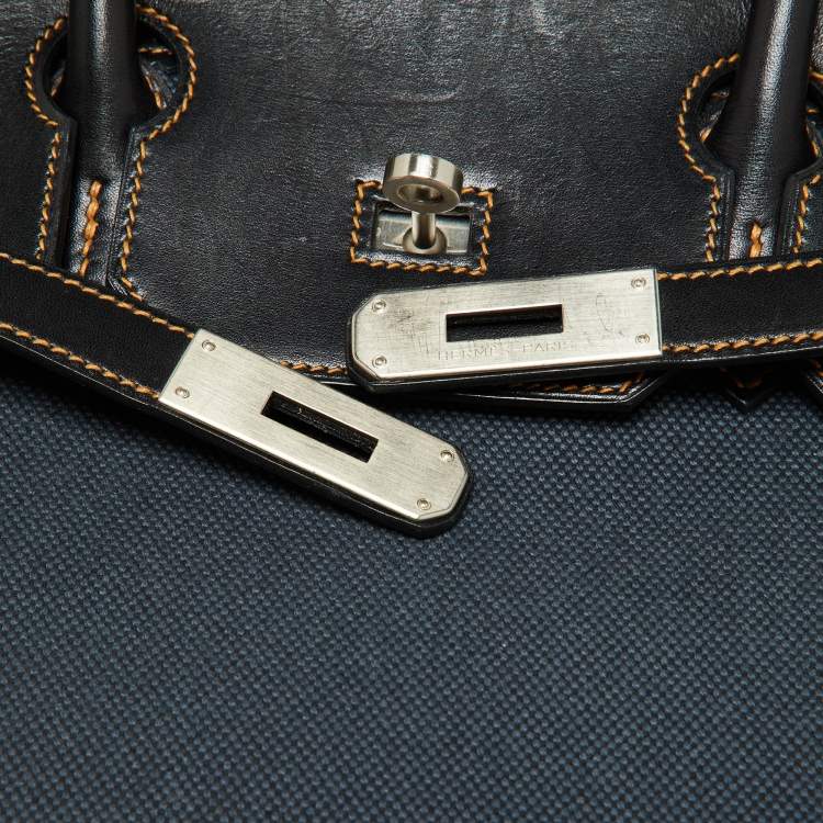 مملوكة مسبقًا Hermes Black Denim Fonce Toile/Evercalf Leather Palladium Finish Birkin 35 Ghillies Bag