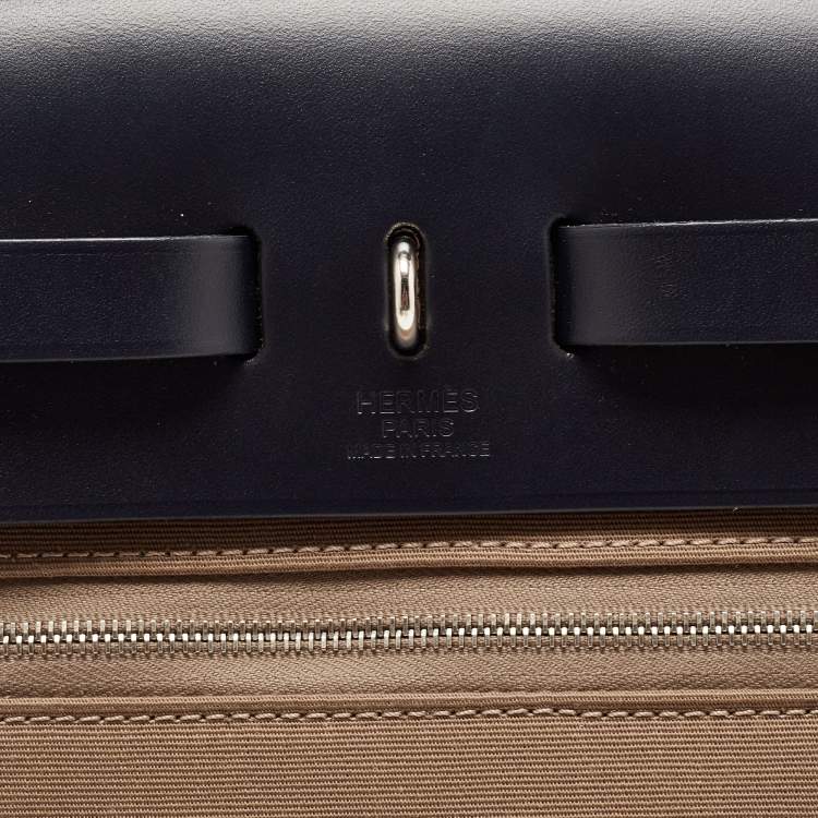 Pre Owned Hermes Vache Hunter/Toile Bleu Indigo/Etoupe Canvas and Leather Herbag Zip 31 Bag