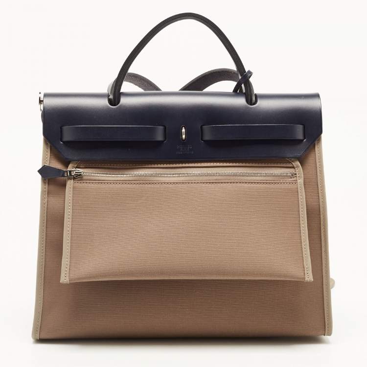 Pre Owned Hermes Vache Hunter/Toile Bleu Indigo/Etoupe Canvas and Leather Herbag Zip 31 Bag