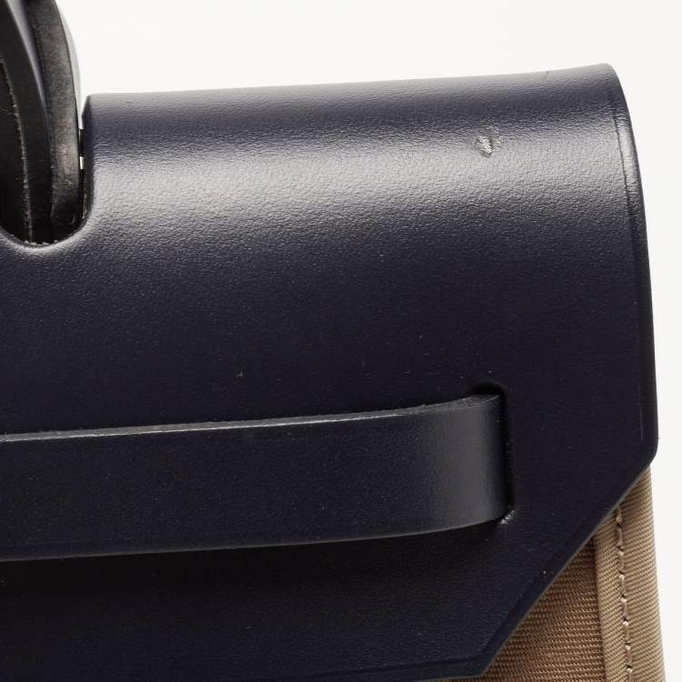 Pre Owned Hermes Vache Hunter/Toile Bleu Indigo/Etoupe Canvas and Leather Herbag Zip 31 Bag